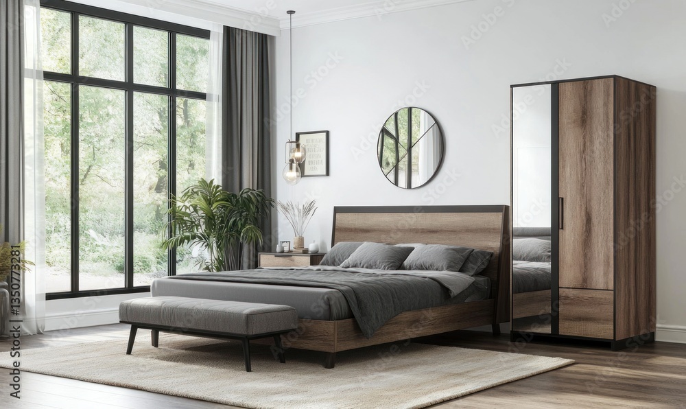 Fototapeta premium Modern bedroom furniture arrangement featuring a bed and wardrobe closet