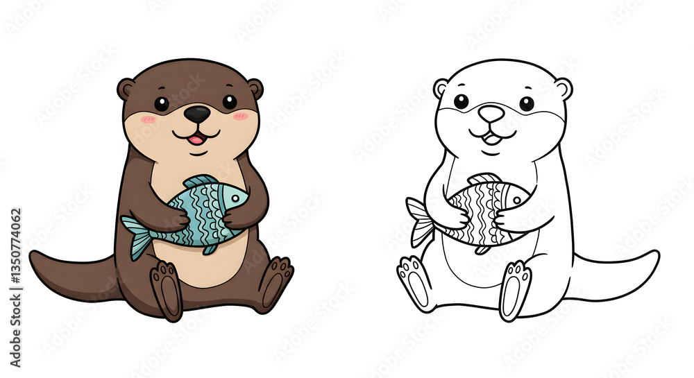 Adorable otter clutching a fish: A delightful illustration for coloring and beyond