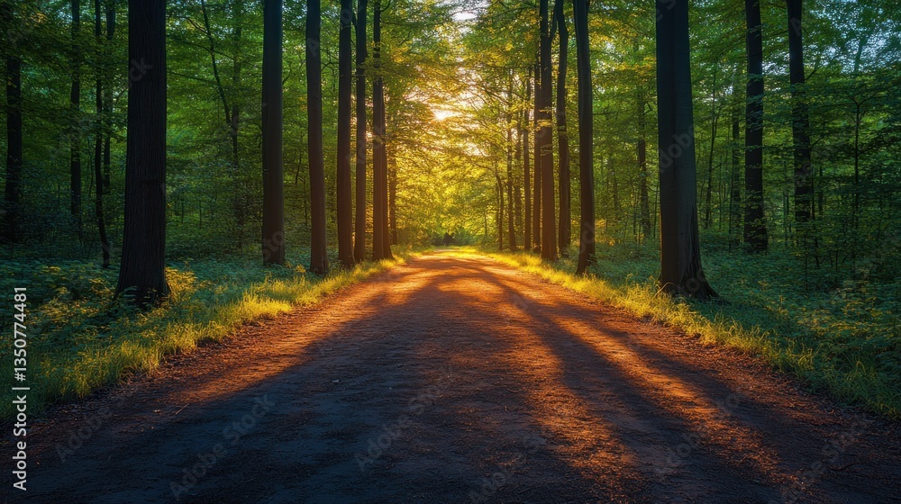 Fototapeta premium Sunlit Forest Path: A Serene Sunset Walk