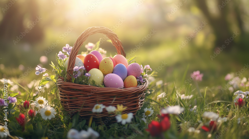 Pastel Easter eggs in a basket surrounded by spring flowers, symbolizing renewal and joy. Pastel Easter eggs in a basket surrounded by spring flowers, symbolizing renewal and joy.