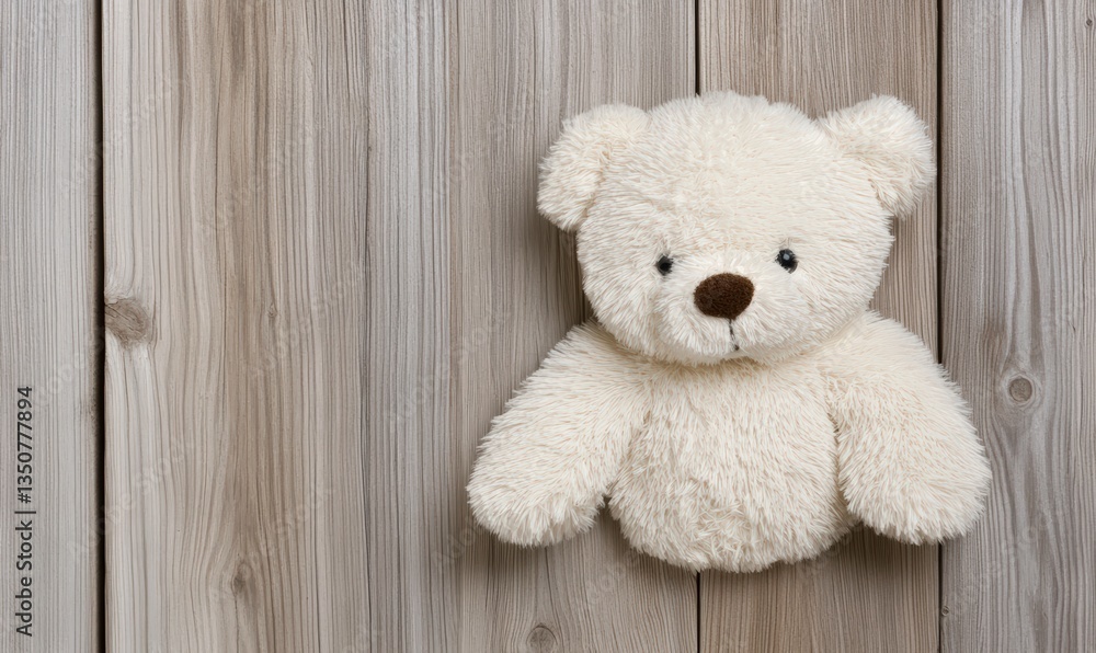 Obraz premium Cozy White Teddy Bear Hanging on a Wooden Wall for Children's Room Decor, Soft and Cuddly Toy for Babies and Toddlers with Rustic Atmosphere