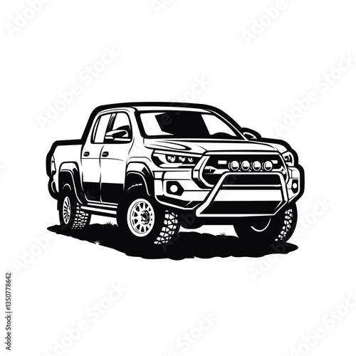 Double cabin 4x4 vehicle pickup truck overland offroad monochrome silhouette vector illustration