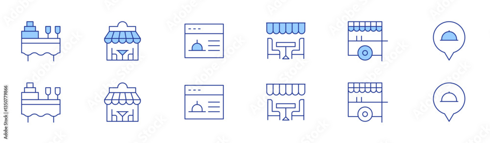 Restaurant icon set in two styles, Duotone and Thin Line style. Editable stroke. catering, dinner table, restaurant, street food Restaurant icon set in two styles, Duotone and Thin Line style. Editable stroke. catering, dinner table, restaurant, street food