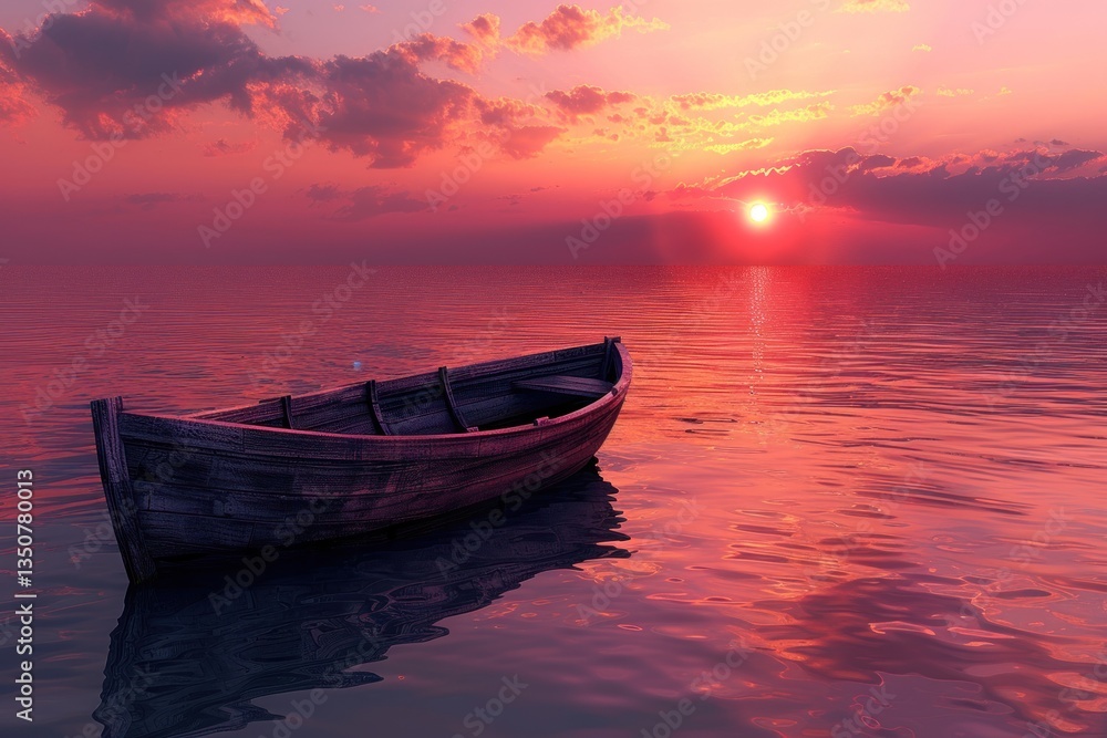 Fototapeta premium Wooden rowboat at sunset on calm water