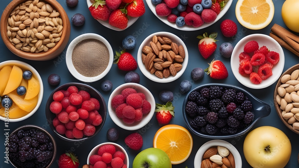 Nutritious selection of superfoods featuring berries, nuts, and seeds for a healthy diet Nutritious selection of superfoods featuring berries, nuts, and seeds for a healthy diet