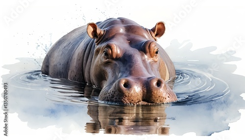 Hippopotamus in Water, Watercolor Style