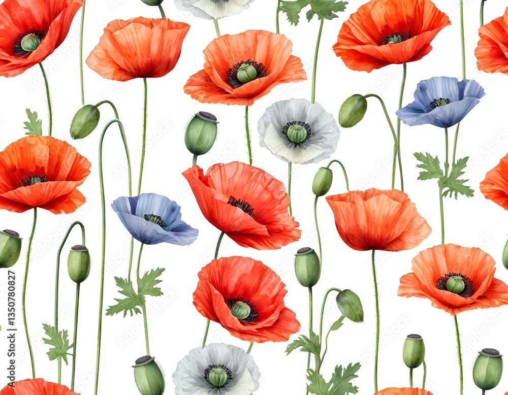 Obraz premium Watercolor Seamless Pattern of Red, White, and Blue Poppies