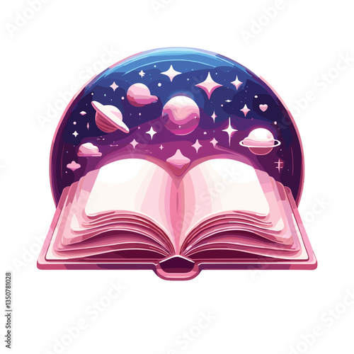 Magical open book icon with cosmic theme for education and imagination concept
