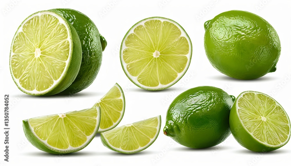 Fresh Limes, Whole and Sliced, Isolated on White Background Fresh Limes, Whole and Sliced, Isolated on White Background