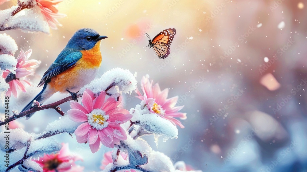 one colorful bird is on the left side of photo gripping the branch, two pink flowers with white daisies in front of it and butterfly sitting on top of flower, dog one colorful bird is on the left side of photo gripping the branch, two pink flowers with white daisies in front of it and butterfly sitting on top of flower, dog