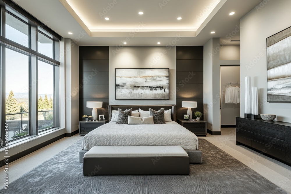 A modern spacious bedroom with large windows and stylish furniture A modern spacious bedroom with large windows and stylish furniture