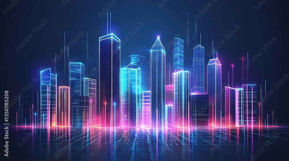 Futuristic city skyline, digital lines, neon glow, night view Futuristic city skyline, digital lines, neon glow, night view