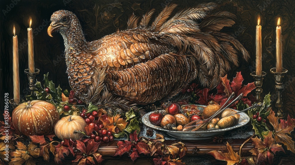 Thanksgiving Feast with a Decorated Turkey Surrounded by Fall Harvest and Candles for a Festive Dinner Setting