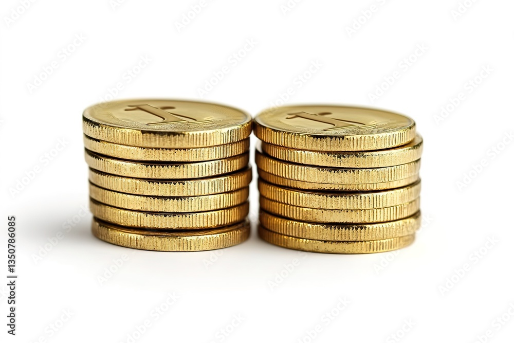 Two stacks of gold coins on white background Two stacks of gold coins on white background