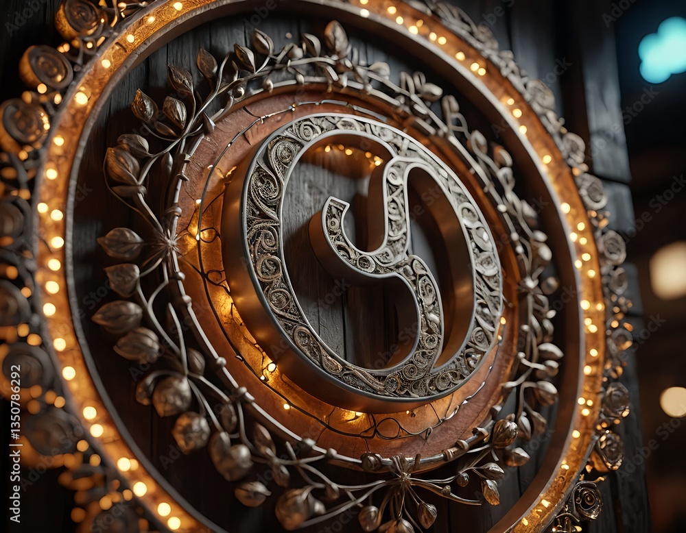 Ornate Metal Sign with Illuminated Vines and Lettering Ornate Metal Sign with Illuminated Vines and Lettering
