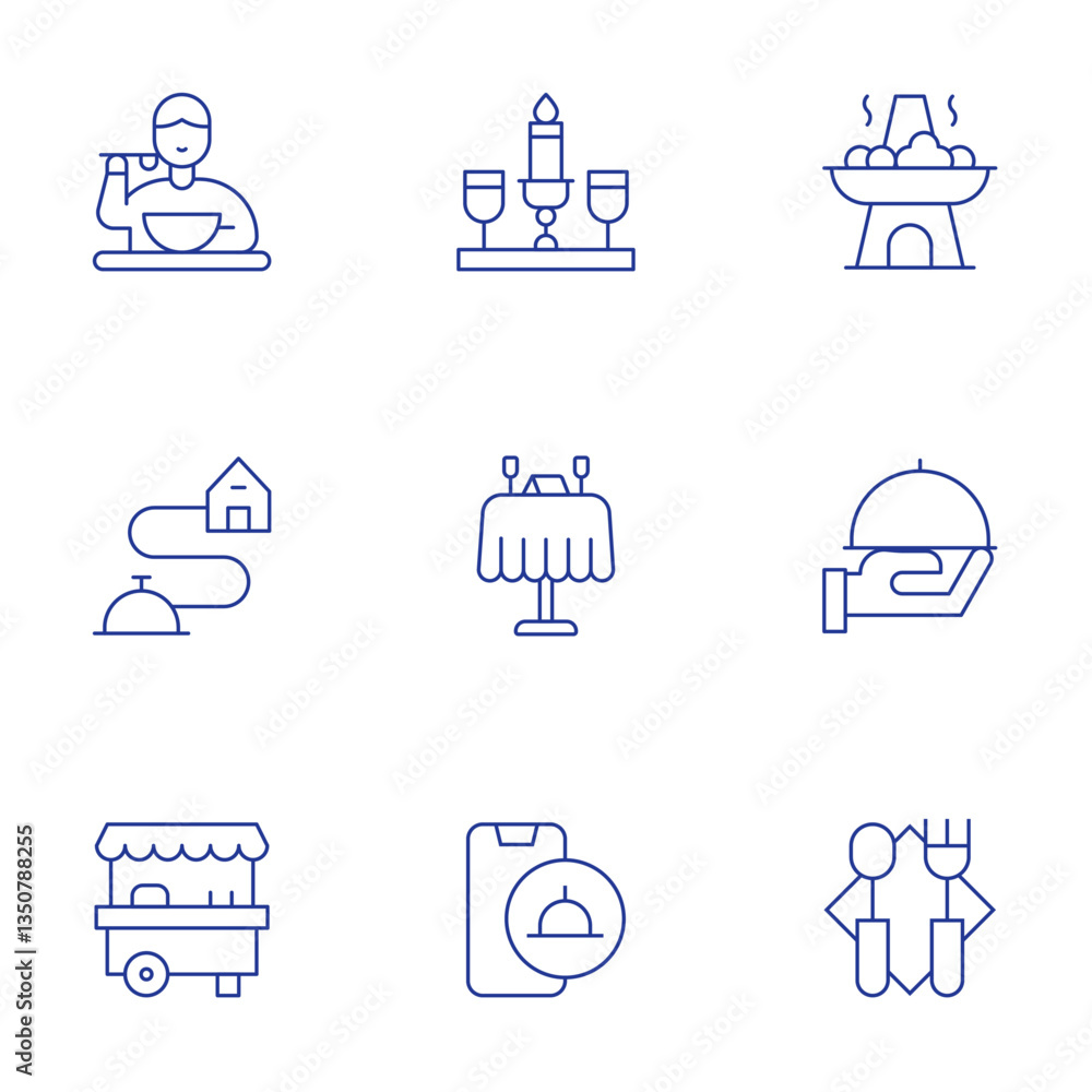 Restaurant icons set. Thin Line style, editable stroke. hot pot, dish, cutlery, eat, glasses, tracking, dinner table, street food, food delivery Restaurant icons set. Thin Line style, editable stroke. hot pot, dish, cutlery, eat, glasses, tracking, dinner table, street food, food delivery