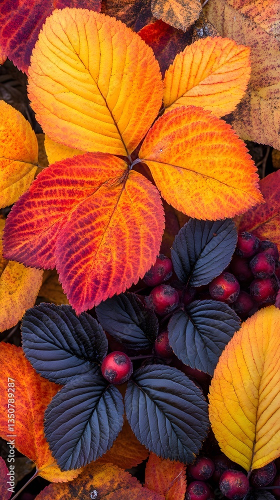 Vibrant Autumn Leaves and Berries Closeup Vibrant Autumn Leaves and Berries Closeup