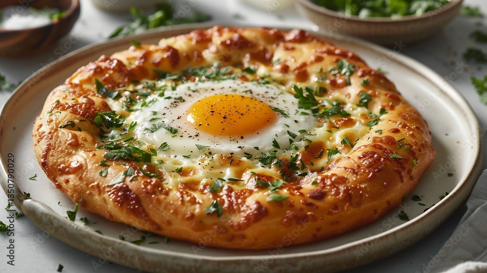 Georgian khachapuri cheese bread egg the center served on a plain white plate slightly zoomed out overhead shot Georgian khachapuri cheese bread egg the center served on a plain white plate slightly zoomed out overhead shot