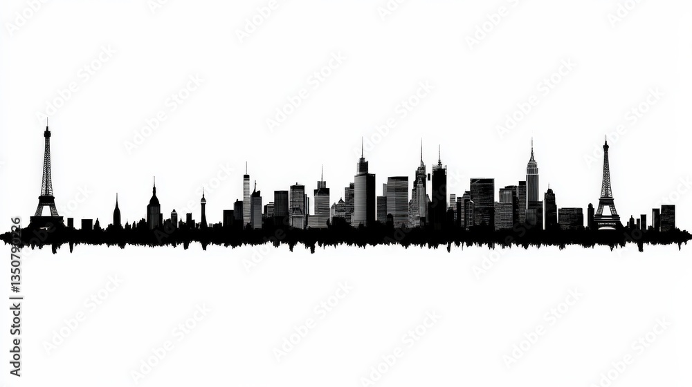 Fototapeta premium Iconic Landmarks Silhouette on Isolated White Background