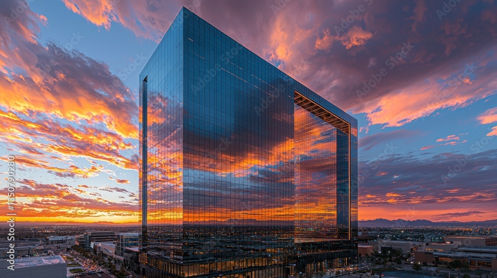 Obraz premium Modern skyscraper reflecting sunset clouds over city