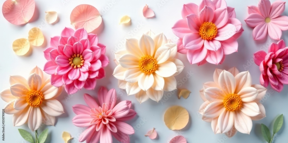 Close-up of knolled pastel flowers on white background, flowers, decor, close-up Close-up of knolled pastel flowers on white background, flowers, decor, close-up