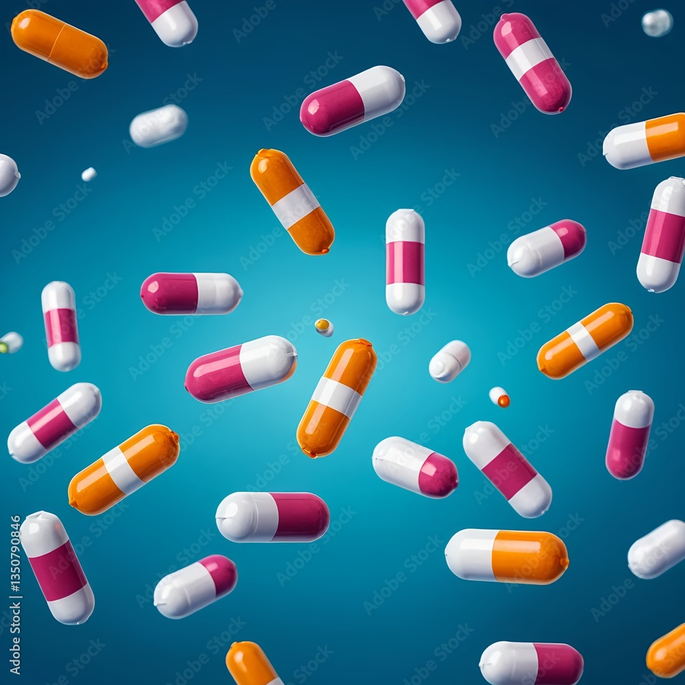 Colorful Capsules Falling on Blue Background Colorful Capsules Falling on Blue Background
