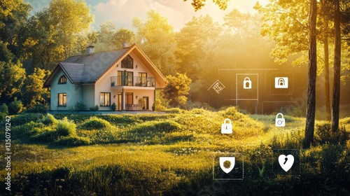 Smart home security system in a tranquil forest setting at sunset.