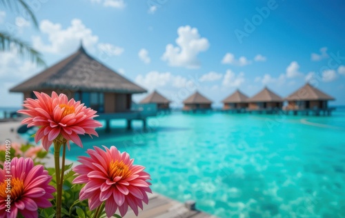 Fototapeta Naklejka Na Ścianę i Meble -  Pink Dahlias Tropical Resort Oceanfront Bungalow Luxury Vacation Paradise Beach Water Azure Flora   