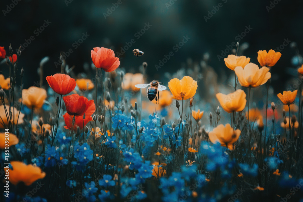 Obraz premium A bee flying over a field of colorful flowers, including red and yellow poppies and blue forget-me-nots, with a blurred background of other flowers and plants.