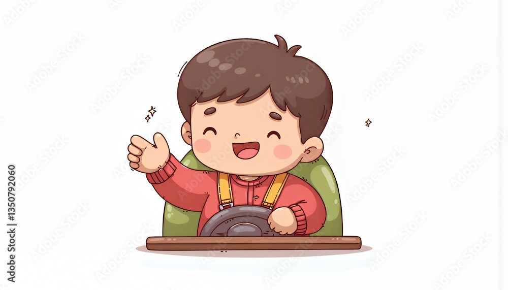 Cheerful Chibi Character Cartoon in Cute Korean Anime Style Driving a Vehicle Against a White Background Cheerful Chibi Character Cartoon in Cute Korean Anime Style Driving a Vehicle Against a White Background