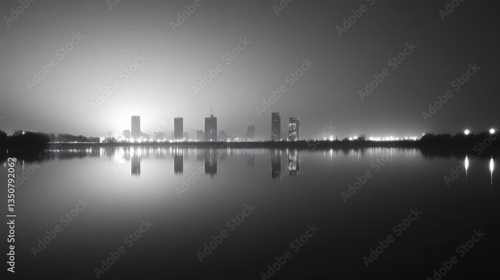 Fototapeta premium City skyline reflected in tranquil lake at night