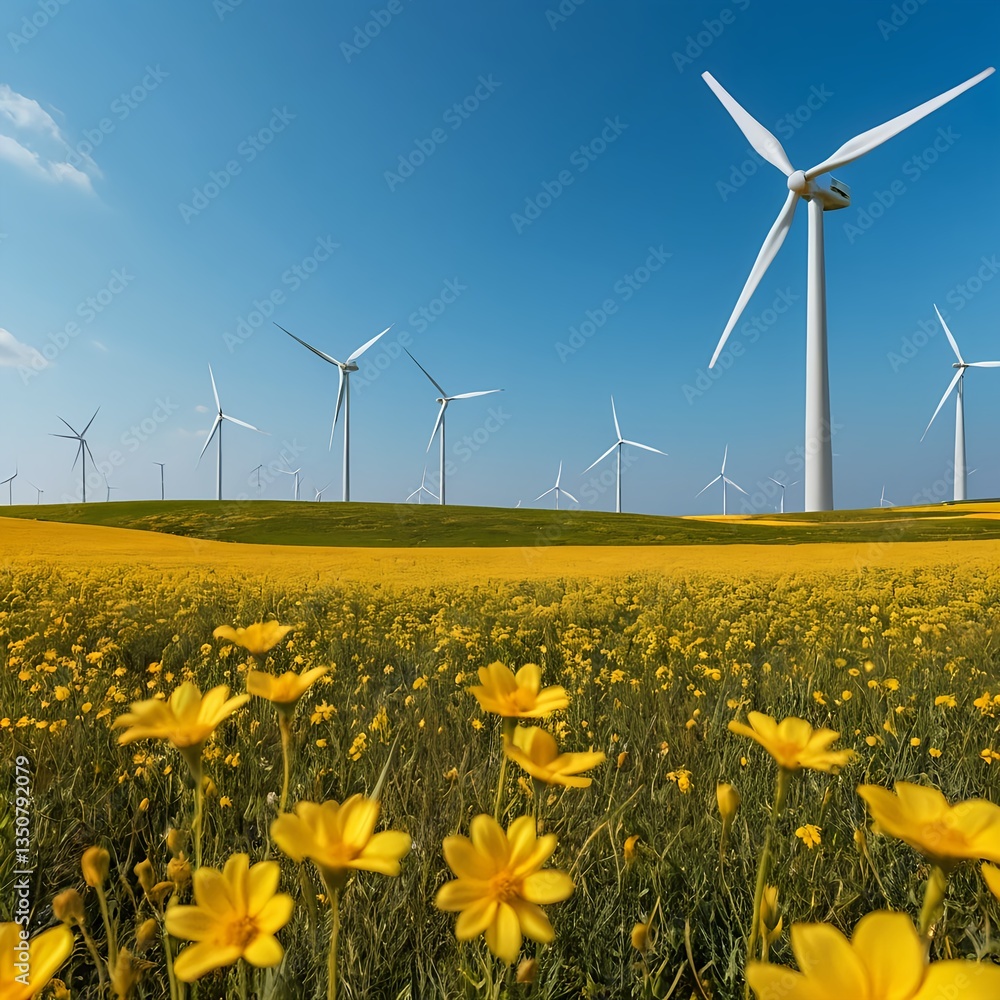 Yellow Flowers and Wind Turbines in a Field Yellow Flowers and Wind Turbines in a Field