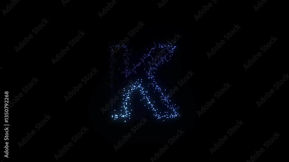Glowing particle text animation forming the letter K in a seamless loop Glowing particle text animation forming the letter K in a seamless loop