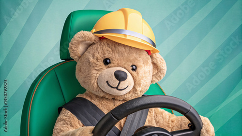 Safety Teddy Bear Wearing Hard Hat and Seatbelt in Driving Seat