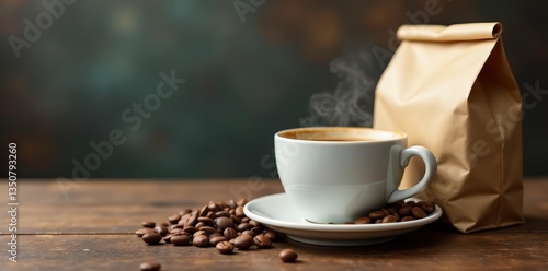 Close up of coffee cup and brown bags with copy space, cup, brown