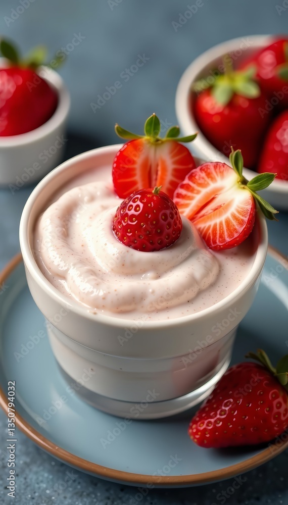 Close-up of creamy chia pudding garnished with sliced ripe strawberries, fruit, organic Close-up of creamy chia pudding garnished with sliced ripe strawberries, fruit, organic