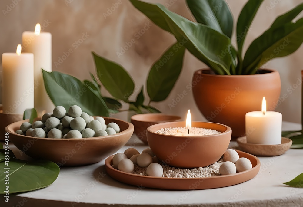 Serene Spa Setting with Candles and Plants Serene Spa Setting with Candles and Plants