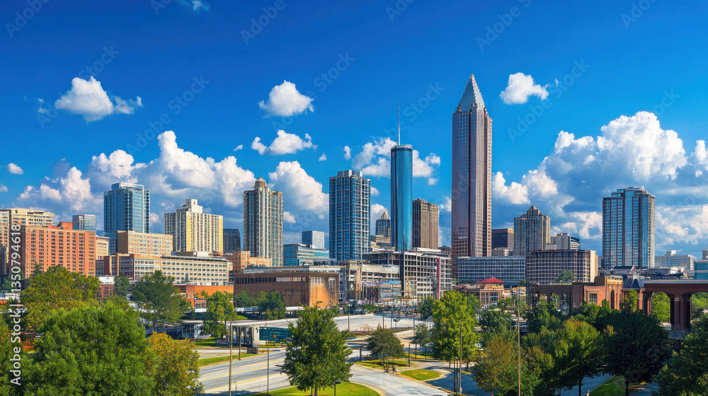 Fototapeta premium A bustling city skyline with tall buildings and a mix of modern and older structures.