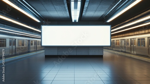Subway Platform Scene Blank Billboard and Train Cars Urban Transit Modern Architecture