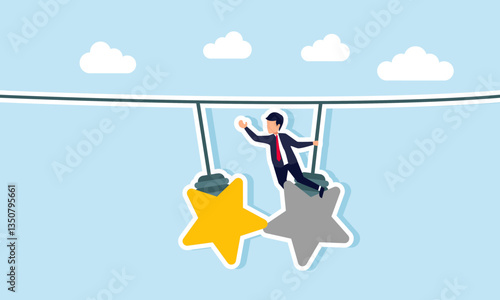 A businessman hangs and tries to reach a star-shaped lamp in front of him, illustration of shifting to product or service quality standardization in another business