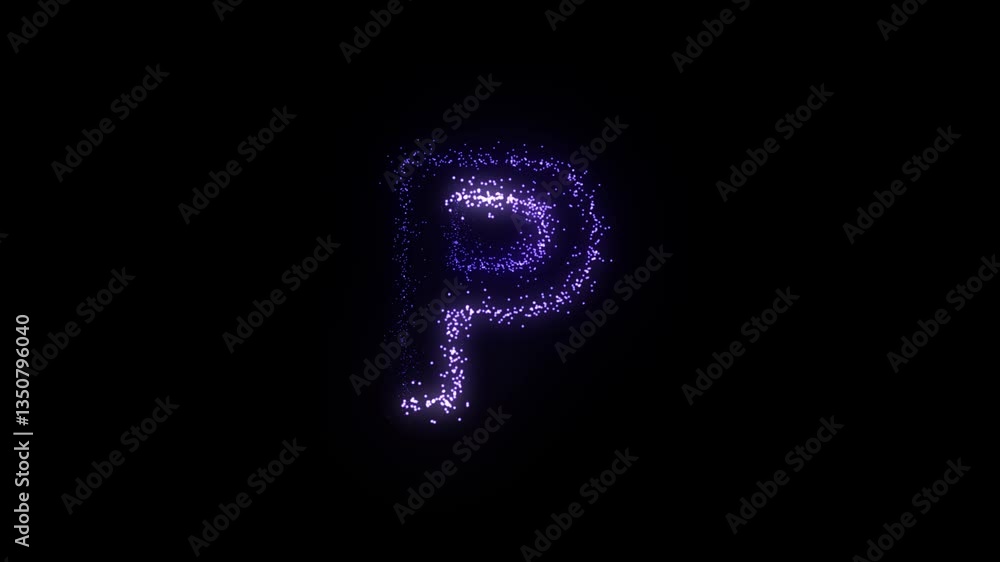 Glowing particle text animation forming the letter P in a seamless loop Glowing particle text animation forming the letter P in a seamless loop