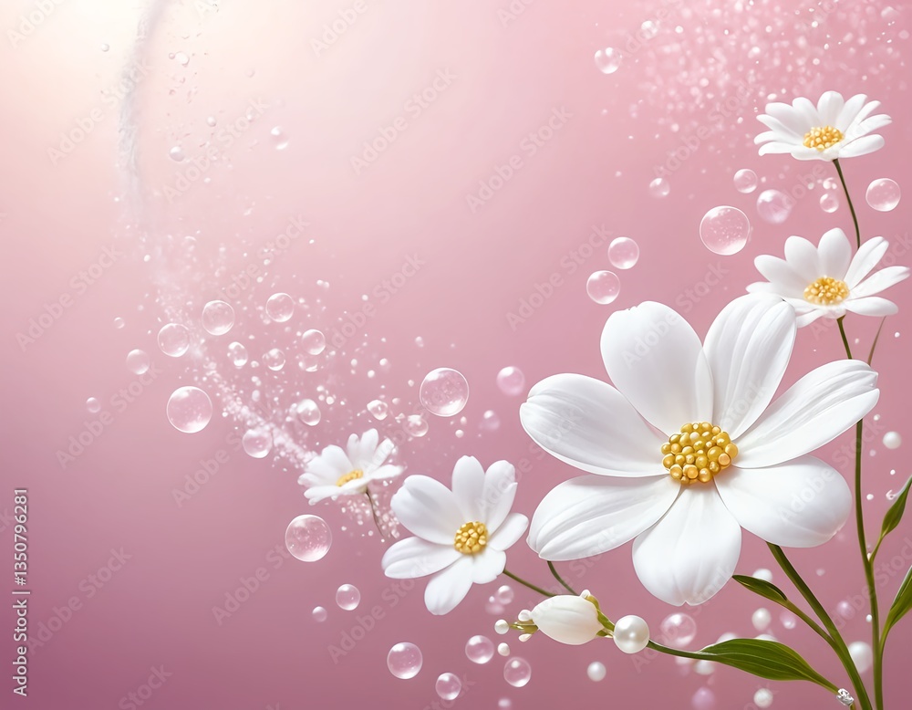 Delicate White Flowers with Bubbles on Pink Background Delicate White Flowers with Bubbles on Pink Background