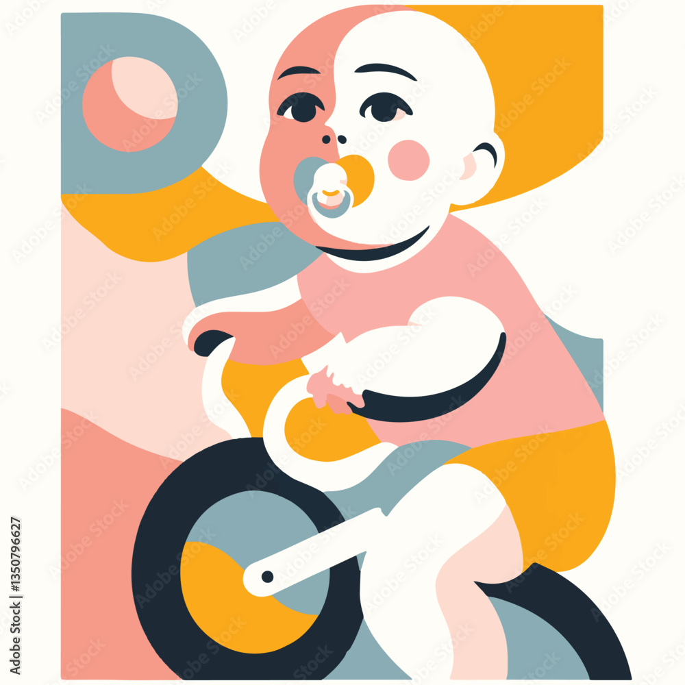 Colorful illustration of a baby girl with a pacifier riding a bicycle, created in a Matisse-inspired collage style using organic shapes and warm pastel tones on a neutral background. Colorful illustration of a baby girl with a pacifier riding a bicycle, created in a Matisse-inspired collage style using organic shapes and warm pastel tones on a neutral background.