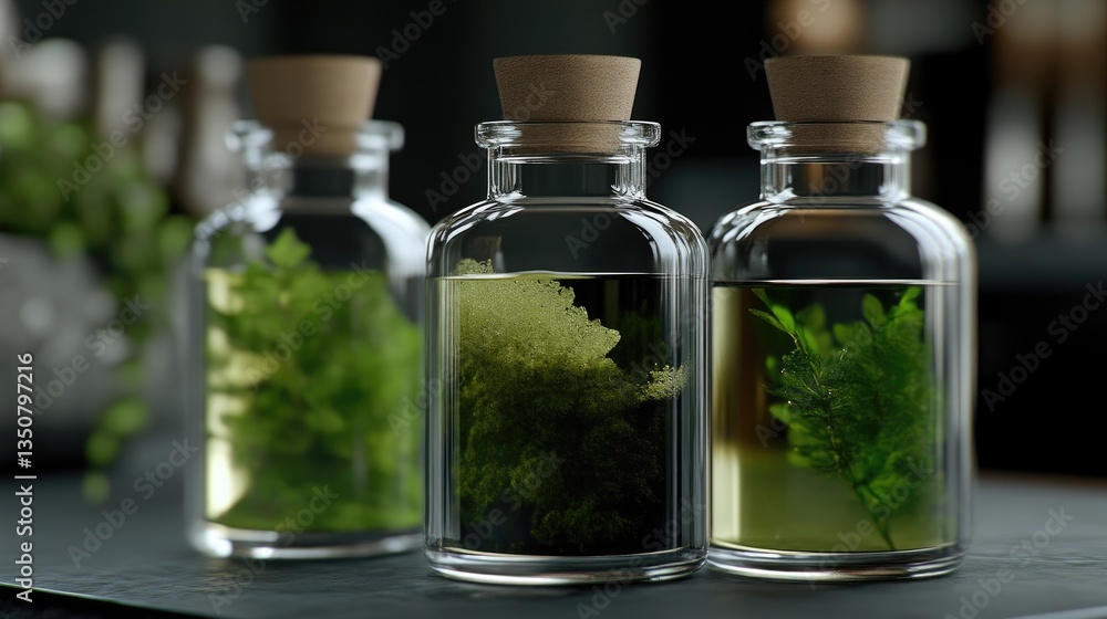 Three glass bottles with cork tops, containing small plants, showcasing a close-up, elegant, and natural aesthetic. Three glass bottles with cork tops, containing small plants, showcasing a close-up, elegant, and natural aesthetic.