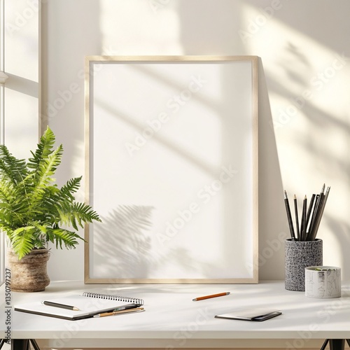 Minimalist Workspace with Picture Frame Plant and Stationery for Creative Productivity and Style
