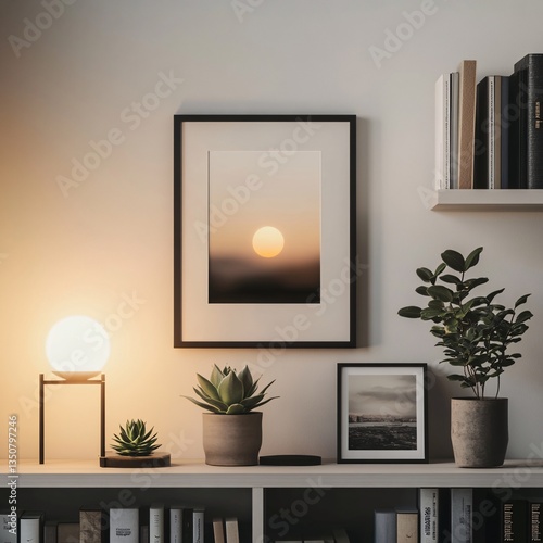 Serene Interior Still Life with Sunset Artwork Lamp Succulents and Books on Shelves for Reading