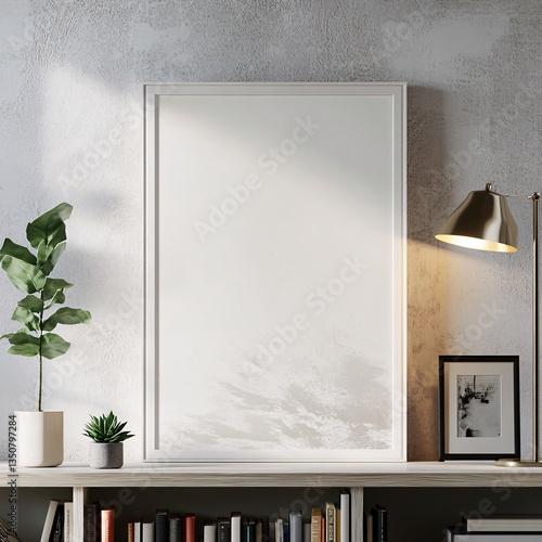 Blank Art Frame with Botanical Accent Lighting and Book Shelf Display for Home Decor Concepts