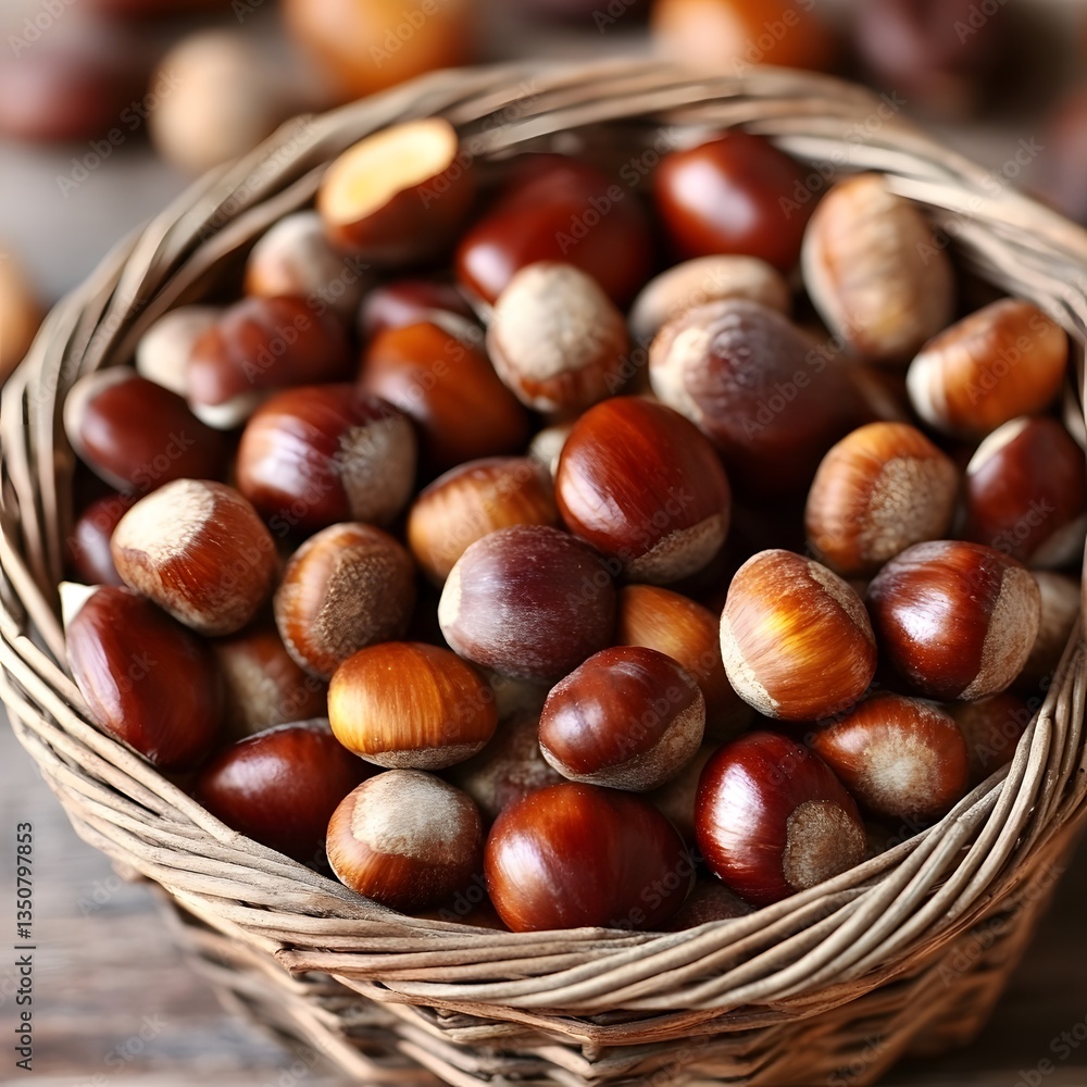 Autumn Harvest: A Basket of Ripe Chestnuts and Hazelnuts Autumn Harvest: A Basket of Ripe Chestnuts and Hazelnuts