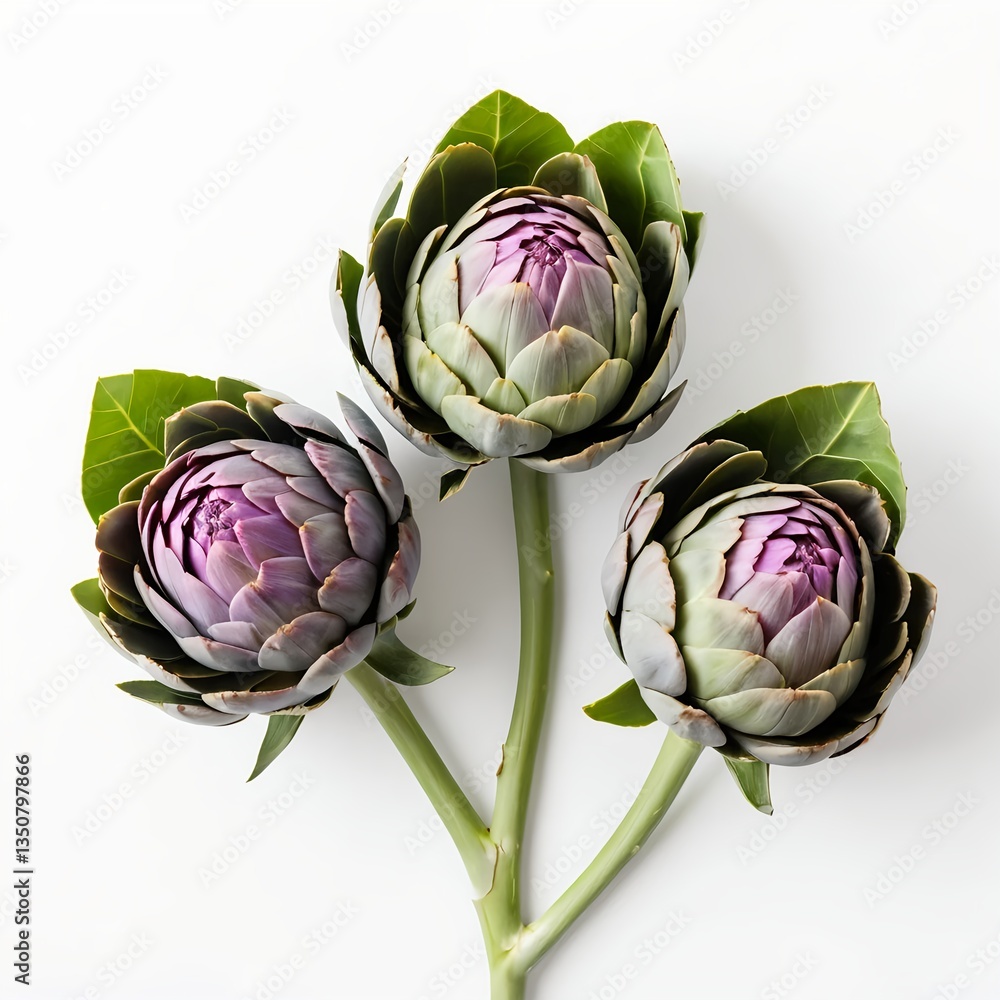 Obraz premium Three Artichoke Buds on White Background