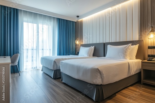 A modern and elegant hotel bedroom with two beds